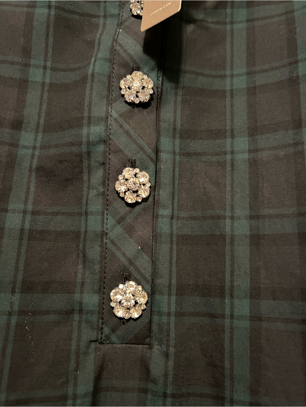 J. Crew Black and Dark Green Plaid Blouse with Crystal Cluster Buttons
